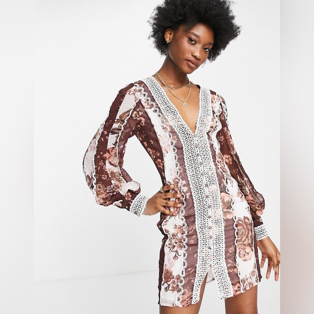 ASOS sleeved minidress with lace and button detail. Mixed floral print
